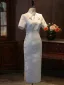 Vintage / Retro White Printing Tea-length Cheongsam 2026 Trumpet / Mermaid High Neck Short Sleeve