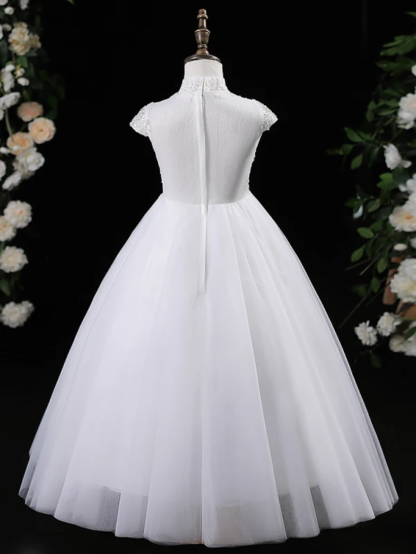 Chic / Beautiful White Beading Short Birthday Flower Girl Dresses 2024 A-Line / Princess High Neck Sleeveless Tulle
