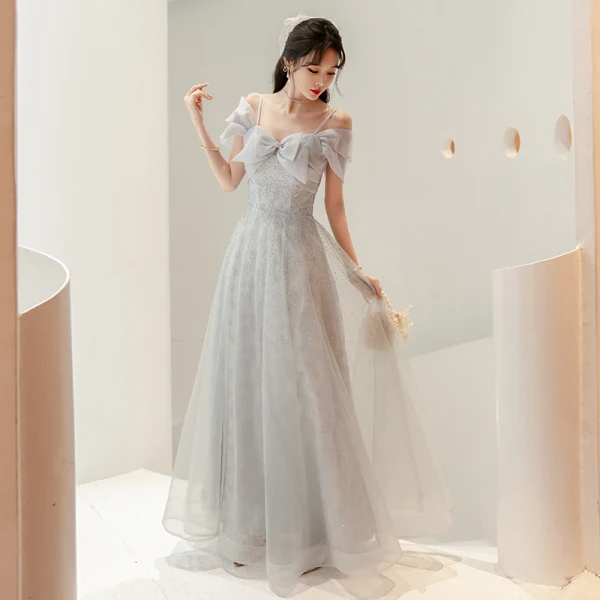 Fashion Grey Rhinestone Evening Dresses  2022 A-Line / Princess Spaghetti Straps Bow Short Sleeve Backless Floor-Length / Long Evening Party Formal Dresses
