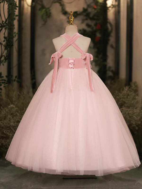 Lovely Candy Pink Rhinestone Glitter Birthday Flower Girl Dresses 2024 Ball Gown Square Neckline Sleeveless Backless Tea-length