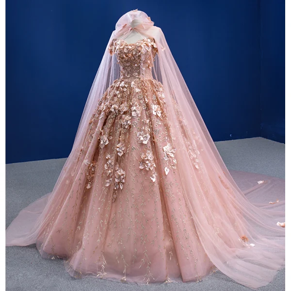 Luxury / Gorgeous Dusky Pink Appliques Wedding Dresses 2022 Ball Gown With Cloak Off-The-Shoulder Pearl Sequins Short Sleeve Backless Floor-Length / Long Wedding