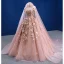 Luxury / Gorgeous Dusky Pink Appliques Wedding Dresses 2022 Ball Gown With Cloak Off-The-Shoulder Pearl Sequins Short Sleeve Backless Floor-Length / Long Wedding