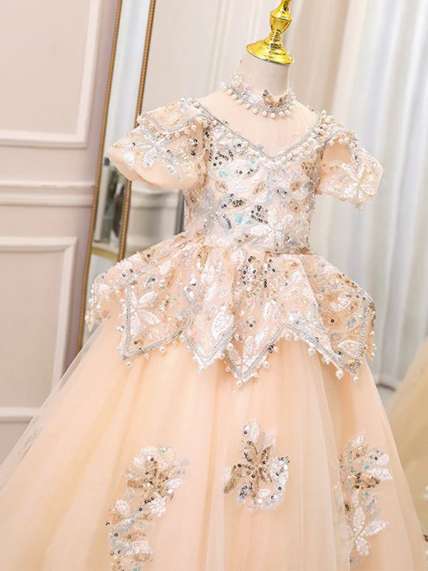 Elegant Champagne Beading Pearl Rhinestone Sequins Birthday Flower Girl Dresses 2024 Ball Gown High Neck Short Sleeve Backless Floor-Length / Long