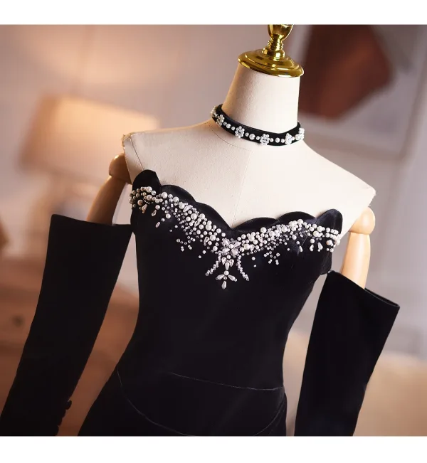 Elegant Black Sequins Pearl Velvet Evening Dresses 2026 Trumpet / Mermaid Off-The-Shoulder 1/2 Sleeves Backless Sweep Train Evening Party Formal Dresses