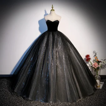 Illusion Noire Paillettes Robe De Bal 2023 Robe Boule Bustier Sans Manches Dos Nu Longue Promo Robe De Ceremonie