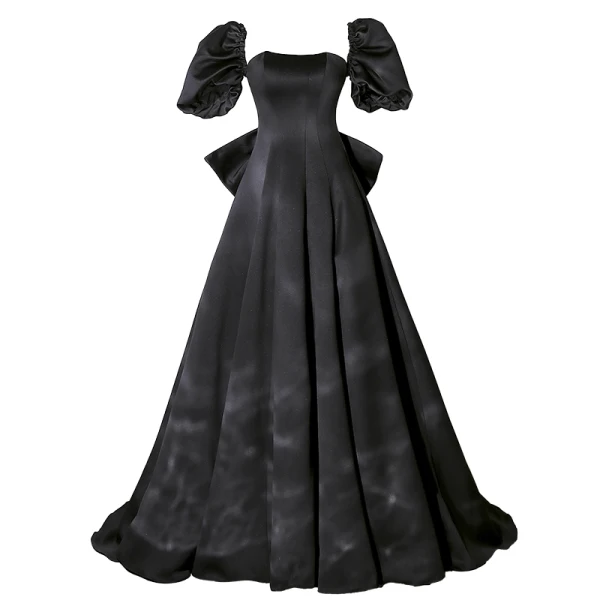 Élégant Noire Satin Robe De Bal 2022 Princesse Encolure Carrée Manches Courtes Dos Nu Noeud Train De Balayage Robe De Ceremonie