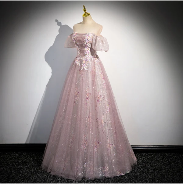 Schöne Rosa Perlenstickerei Applikationen Pailletten Ballkleider 2024 A Linie Off Shoulder Kurze Ärmel Rückenfreies Lange Ball Festliche Kleider