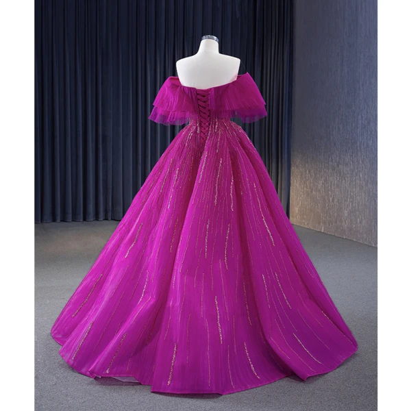 Fashion Fuchsia Beading Prom Dresses 2023 Ball Gown Off-The-Shoulder Short Sleeve Backless Floor-Length / Long Prom Formal Dresses