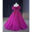 Fashion Fuchsia Beading Prom Dresses 2023 Ball Gown Off-The-Shoulder Short Sleeve Backless Floor-Length / Long Prom Formal Dresses