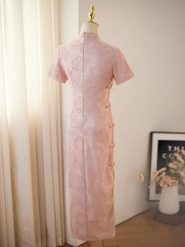 Chinese style Blushing Pink Pearl Printing Split Front Evening Party Cheongsam 2025 Trumpet / Mermaid High Neck Short Sleeve Floor-Length / Long