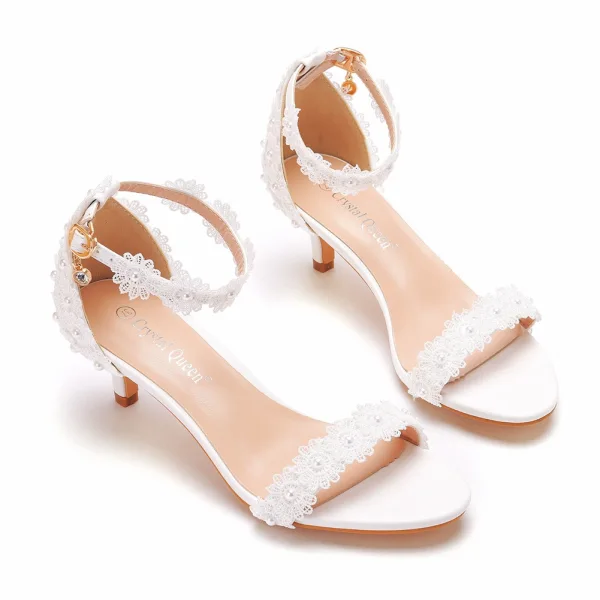 Charmant Weiß Perle Spitze Blumen Brautschuhe 2022 5 cm Stilettos Peeptoes Hochzeit Sandaletten Hochhackige