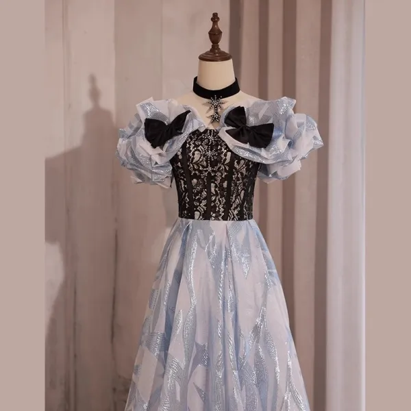 Fashion Sky Blue Glitter Rhinestone Prom Dresses 2023 A-Line / Princess Off-The-Shoulder Bow Short Sleeve Backless Floor-Length / Long Prom Formal Dresses