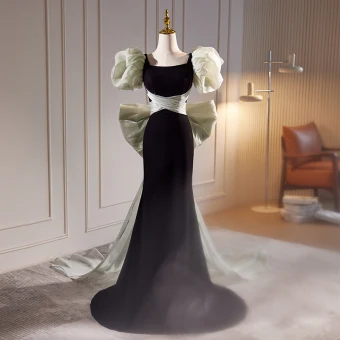 Vintage Originale Noire Robe De Soirée 2023 Trompette Sirène Encolure Carrée Gonflée Manches Courtes Dos Nu Noeud Train De Balayage Soirée Robe De Ceremonie