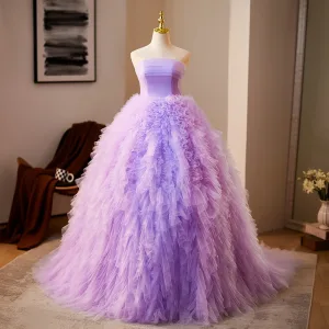 Chic Beautiful Lavender Cascading Ruffles Prom Dresses 2024 Ball Gown Strapless Sleeveless Backless Floor Length Long Prom Formal Dresses