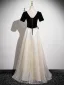 Elegant Black Pearl Rhinestone Sequins Prom Dresses 2026 A-Line / Princess Square Neckline Short Sleeve Backless