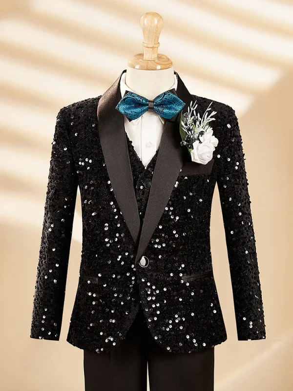 Black Sequins Long Sleeve Fall Winter 6-piece Boys Wedding Suits Body Jewellery 2025 Coat Pants Shirt Tie Vest