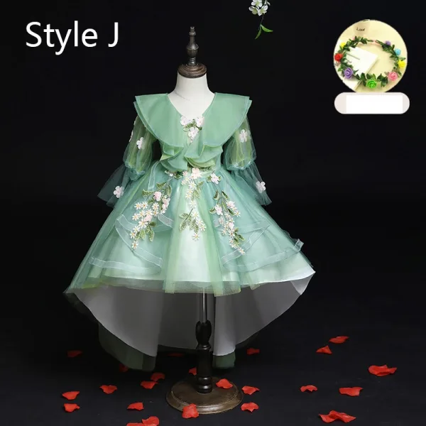 Flower Fairy Sage Green Appliques Lace Flower Birthday Flower Girl Dresses 2024 Ball Gown V-Neck Bell sleeves Court Train Flower Girl Dresses