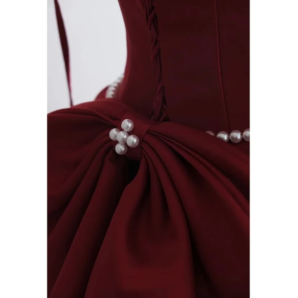Charming Burgundy Evening Dresses 2023 A-Line / Princess Spaghetti Straps Sleeveless Backless Bow Pearl Sash Floor-Length / Long Evening Party Formal Dresses