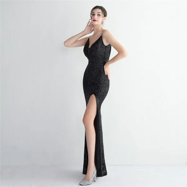Sexy Blanche Perlage Paillettes Fendue devant Robe De Soirée 2024 Trompette / Sirène Bretelles Spaghetti Sans Manches Dos Nu Longue Soirée Robe De Ceremonie