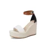 Moda Verano Blanco Trenza Botas de mujer 2022 Cuero Ropa de calle Correa Del Tobillo 12 cm De Cuña Peep Toe Sandalias High Heels