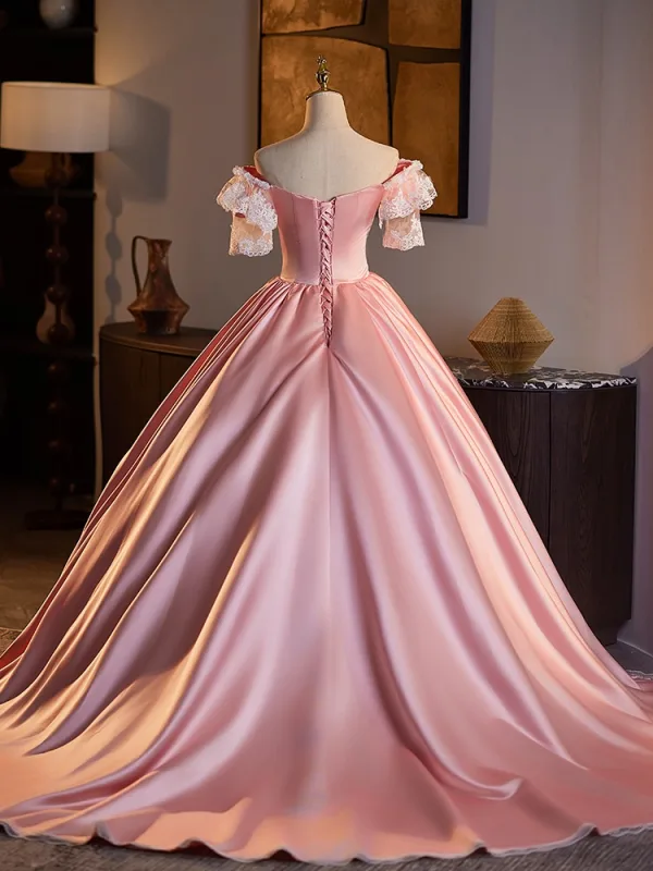 Medieval Vintage / Retro Blushing Pink Lace Flower Ball Gown Prom Dresses 2025 Off-The-Shoulder Short Sleeve Backless Floor-Length / Long Prom Formal Dresses