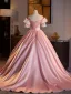 Medieval Vintage / Retro Blushing Pink Lace Flower Ball Gown Prom Dresses 2025 Off-The-Shoulder Short Sleeve Backless Floor-Length / Long Prom Formal Dresses