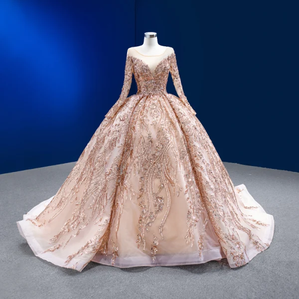 Luxury / Gorgeous Sparkly Champagne Handmade  Beading Sequins Wedding Dresses 2022 Ball Gown Scoop Neck Long Sleeve Backless Court Train Wedding