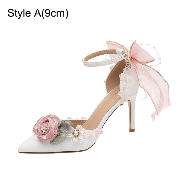 Lovely White Pearl Appliques Bow Prom Womens Sandals 2024 Ankle Strap 9 cm Stiletto Heels Pointed Toe Womens Shoes High Heels