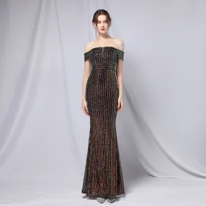 Charming Black Gold Sequins Evening Dresses 2022 Trumpet Mermaid Off The Shoulder Short Sleeve Backless Floor Length Long Evening Party Formal Dresses