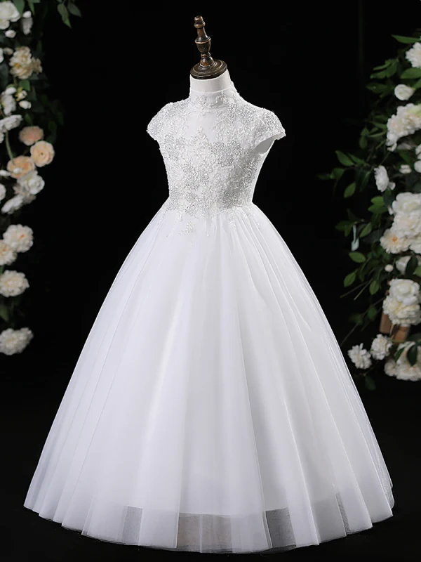 Chic / Beautiful White Beading Short Birthday Flower Girl Dresses 2024 A-Line / Princess High Neck Sleeveless Tulle
