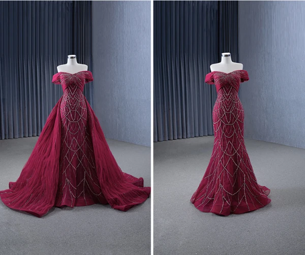 High-end Burgundy Handmade  Beading Evening Dresses 2024 Trumpet / Mermaid Off-The-Shoulder Short Sleeve Backless Court Train Evening Party Formal Dresses