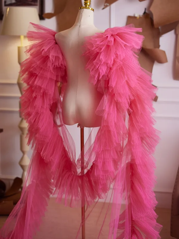 Mode Fushia Volants en Cascade Fait main Soirée Manches Courtes châle 2025 Tulle
