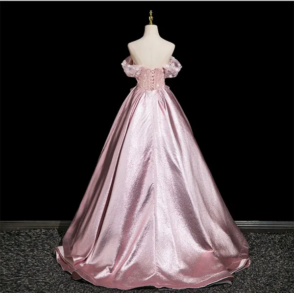 Flower Fairy Blushing Pink Sequins Appliques Prom Dresses 2025 Strapless Sleeveless Backless Floor-Length / Long Formal Dresses Ball Gown