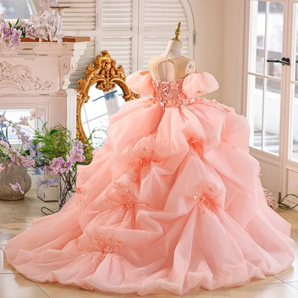 Chic / Belle Rougissant Rose Volants en Cascade Perle Appliques Anniversaire Robe Ceremonie Fille 2025 Robe Boule Encolure Dégagée Manches Courtes Dos Nu Tribunal Train Tulle
