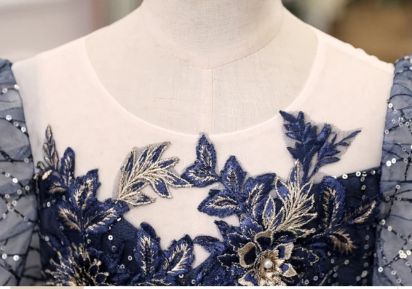 Vintage / Originale Bleu Marine Faux Diamant Paillettes En Dentelle Fleur Anniversaire Robe Ceremonie Fille 2024 Robe Boule Encolure Dégagée Manches Courtes Dos Nu Noeud Longue