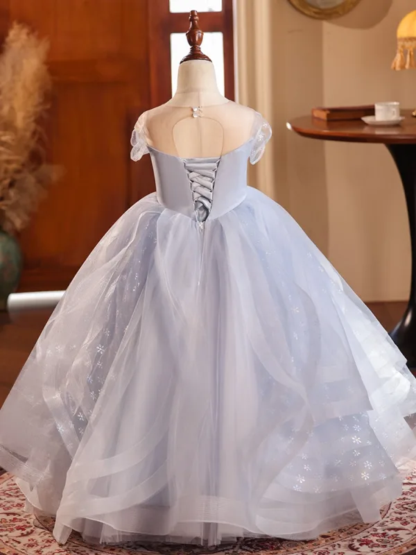 Chic / Beautiful Sky Blue Beading Cascading Ruffles Birthday Flower Girl Dresses 2024 Ball Gown Scoop Neck Sleeveless Backless Floor-Length / Long