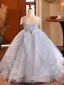 Chic / Beautiful Sky Blue Beading Cascading Ruffles Birthday Flower Girl Dresses 2024 Ball Gown Scoop Neck Sleeveless Backless Floor-Length / Long