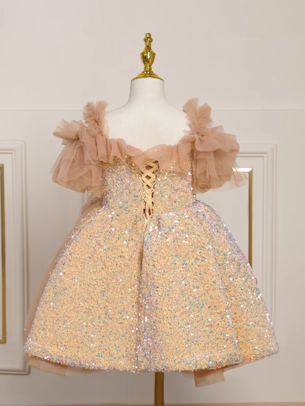 Scintillantes Doré Perlage Paillettes Noeud Courte Anniversaire Robe Ceremonie Fille 2023 Robe Boule Encolure Carrée Manches Courtes Dos Nu