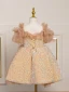 Scintillantes Doré Perlage Paillettes Noeud Courte Anniversaire Robe Ceremonie Fille 2023 Robe Boule Encolure Carrée Manches Courtes Dos Nu