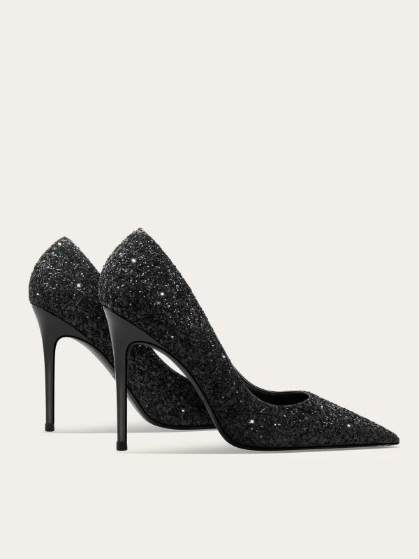 Charmant Schwarz Glanz Pailletten Cocktail Pumps 2025 10 cm Stilettos Spitzschuh Pumps Hochhackige