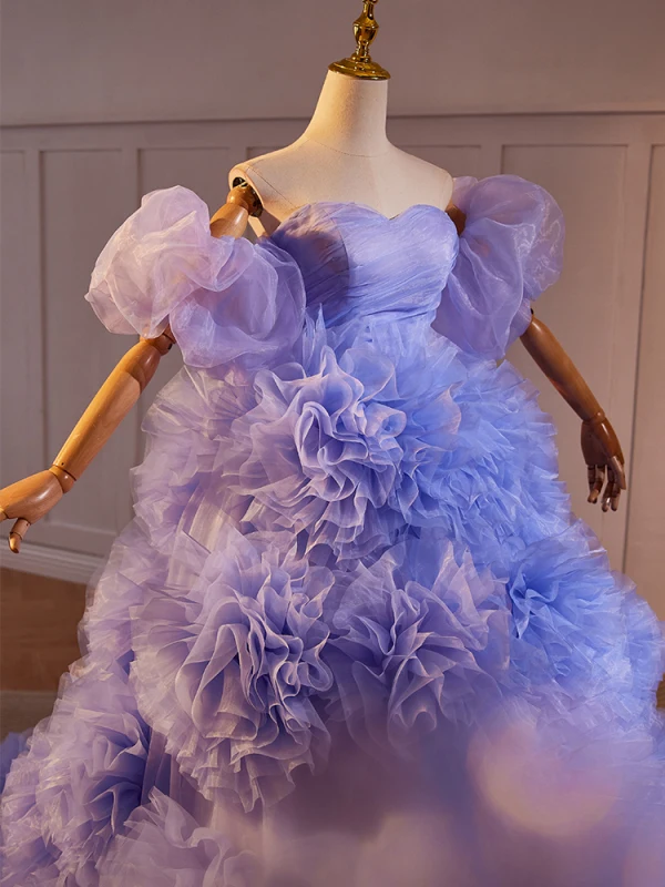 Fashion Lavender Cascading Ruffles Prom Dresses 2024 Ball Gown Off-The-Shoulder Puffy Short Sleeve Backless Court Train Prom Formal Dresses