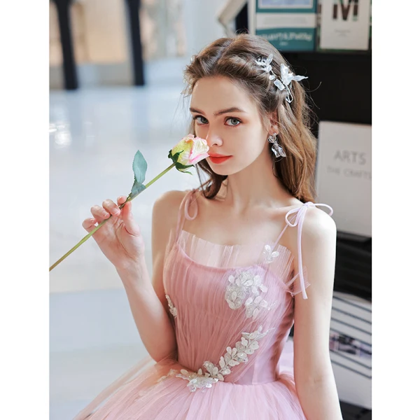 Chic / Beautiful Candy Pink Sequins Lace Flower Prom Dresses 2022 A-Line / Princess Spaghetti Straps Sleeveless Backless Floor-Length / Long Prom Formal Dresses