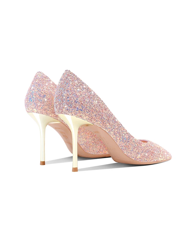 Glitzernden Rosa Pailletten Leder Brautschuhe 2024 8 cm Stilettos Spitzschuh Hochzeit Pumps Hochhackige