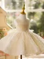 Chic / Beautiful Champagne Ruffle Birthday Short Flower Girl Dresses 2024 Ball Gown Scoop Neck Sleeveless Pearl Sash Bow