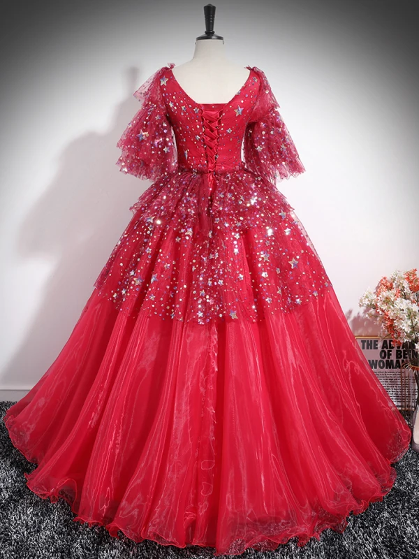 Charming Red Star Sequins Prom Dresses 2024 Ball Gown V-Neck Short Sleeve Backless Floor-Length / Long Prom Formal Dresses
