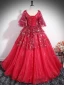 Charming Red Star Sequins Prom Dresses 2024 Ball Gown V-Neck Short Sleeve Backless Floor-Length / Long Prom Formal Dresses