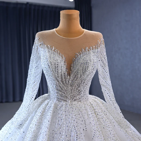Luxury / Gorgeous White Handmade Beading Rhinestone Wedding Dresses 2023 Ball Gown Scoop Neck Long Sleeve Backless Royal Train Wedding