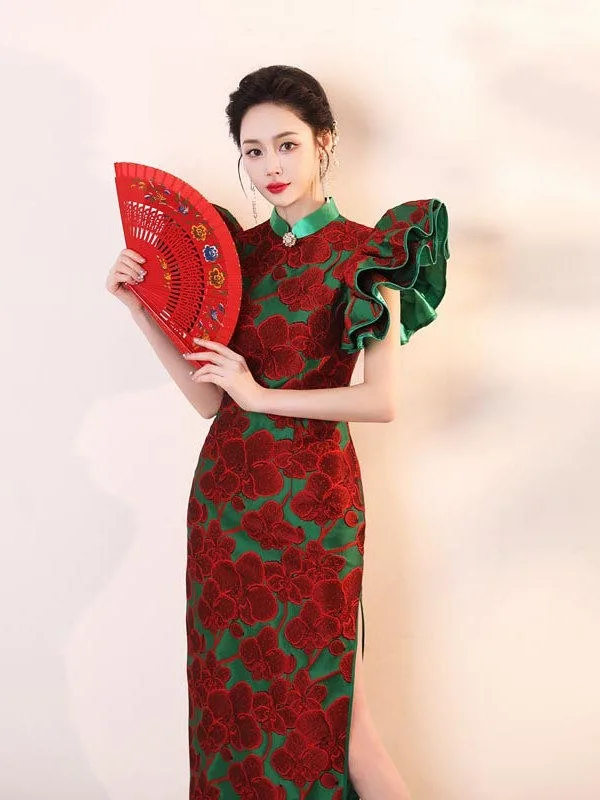Vintage Czerwone Druk Długie Wieczorowe Cheongsam 2026 Syrena / Rozkloszowane Wysokiej Szyi Bufiasta Kótkie Rękawy