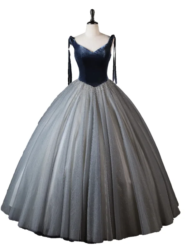 Chic / Beautiful Navy Blue Beading Prom Dresses 2023 Ball Gown V-Neck Sleeveless Backless Floor-Length / Long Prom Formal Dresses