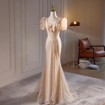Mode Champagne Perlage Perle Paillettes Robe De Soirée 2023 Trompette Sirène Encolure Carrée Gonflée Manches Courtes Dos Nu Longue Soirée Robe De Cérémonie